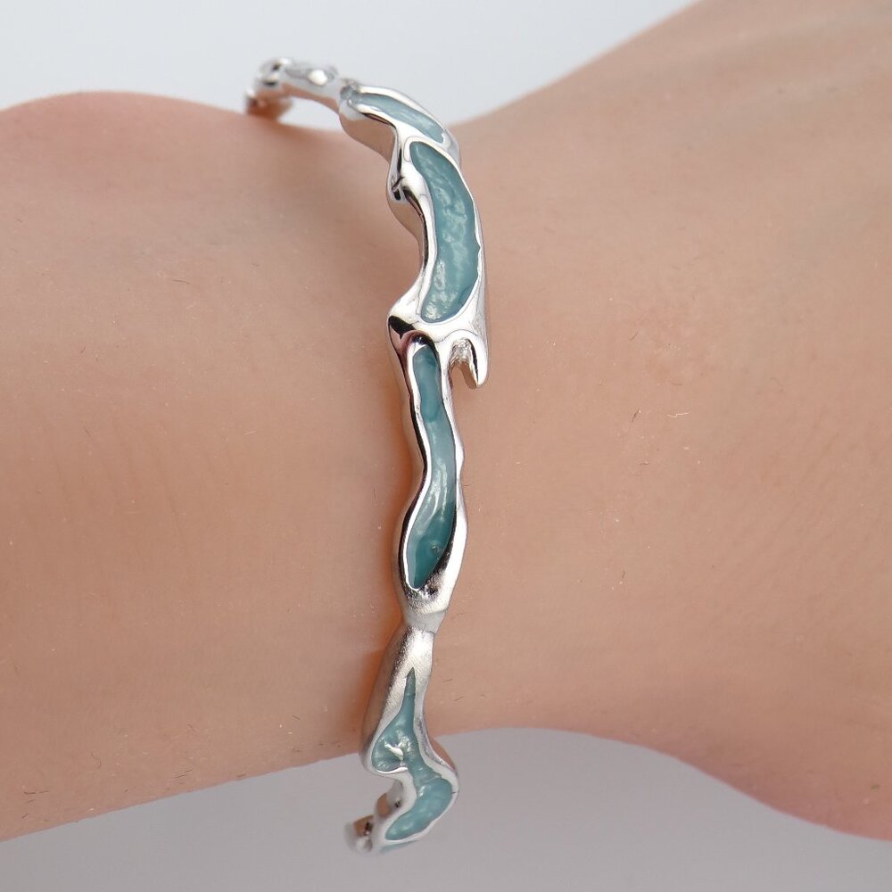 Swiftcurrent s925 Silver Blue Enamel Water Textured Bangle Unique Irregular Thin